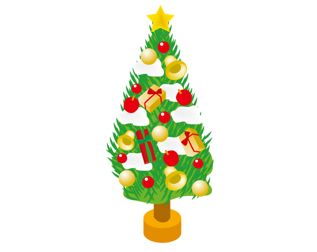 飾りで彩られたクリスマスツリーのイラスト（フリー素材）